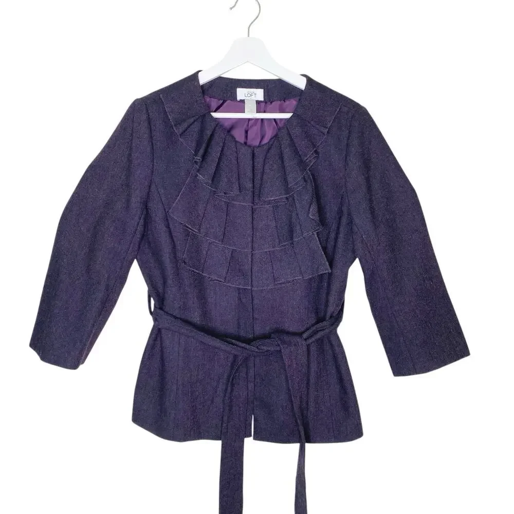 Ann Taylor Loft Jacket Women 12 Plum Wool Blend Ruffle Pleated Neck Belted Lined